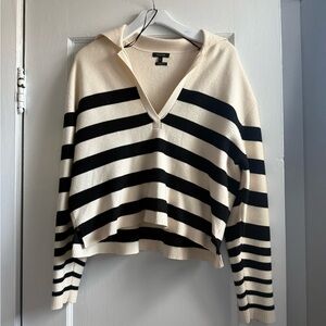Massimo Dutti Black & Cream Striped Hooded V-Neck Sweater